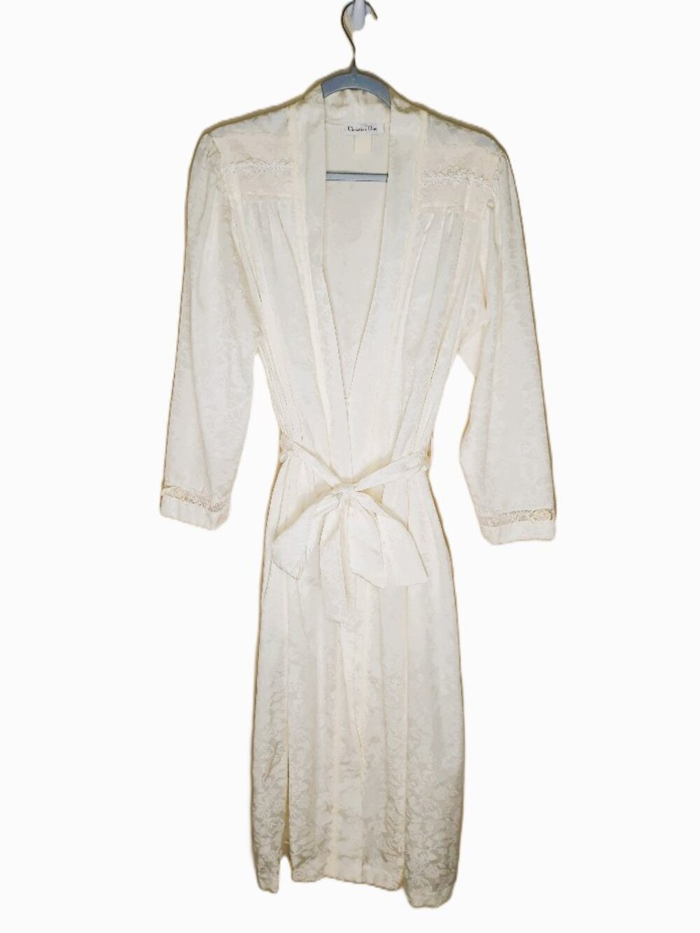 Vtg Christian Dior Ivory Floral Damask Satin Robe Lace & Embellished Details